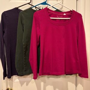 Set of 3 Long Sleeve T-Shirts - Magenta, Dark Green, Purple, Size Medium